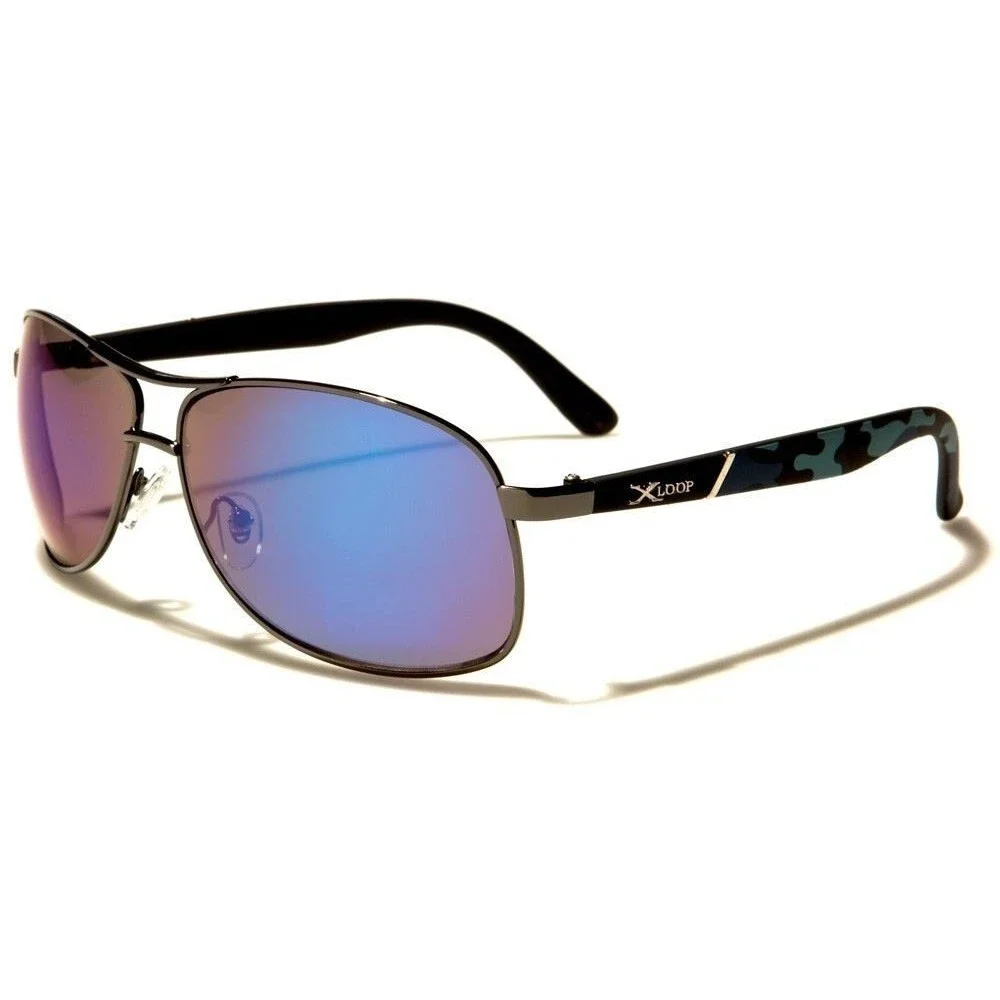 Designer Stylish Blue Mirrored Lens Camouflage Temple Mens Rectangle Sunglasses